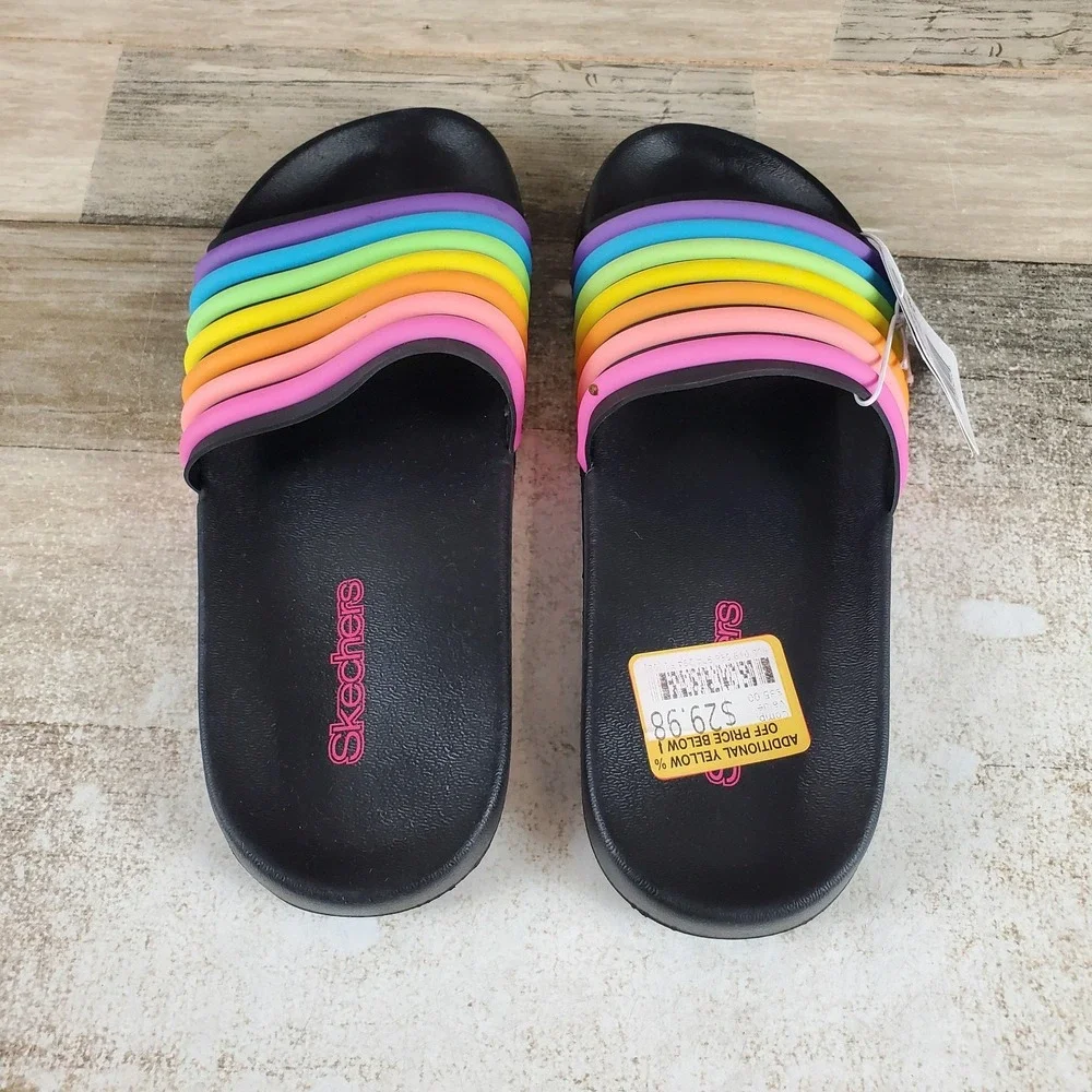 Skechers Girls Rainbow Slides Sandal Sz 5 Black Multi Striped Open Round Toe